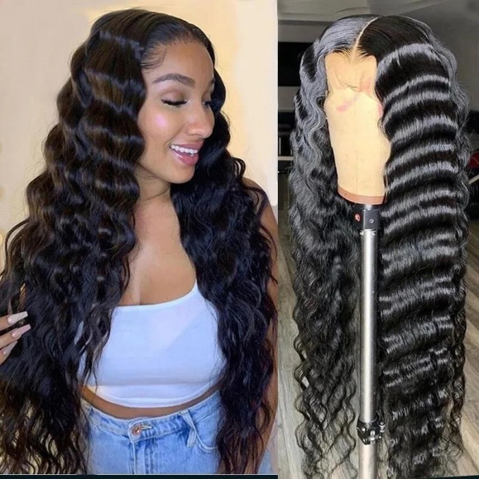 14 Inches Lace Front Loose Deep Wave Wigs Long Natural Black Human Hair  Wigs