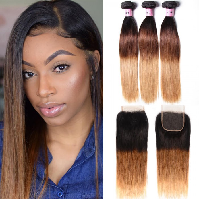 UNice Ombre 3 Bundles with Hair Closure Straight Virgin Hair Extensions 