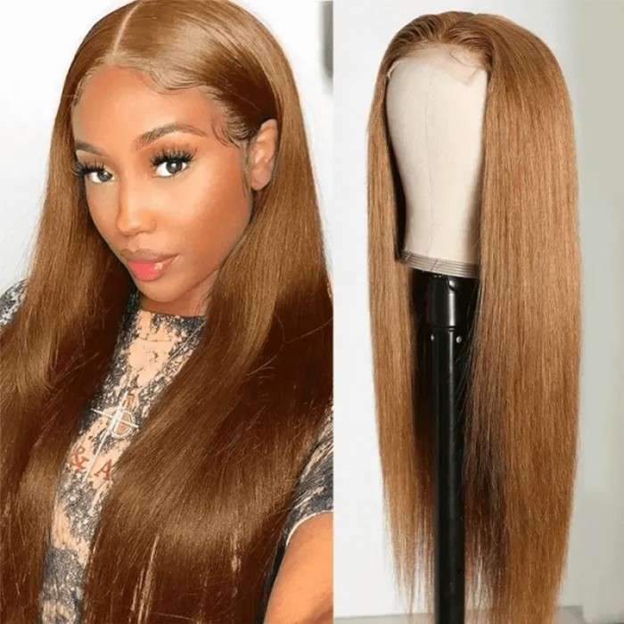 UNice Colored Light Ash Brown Straight Human Hair Wig Updated 4x0.75 Lace Part Wig #8 Color