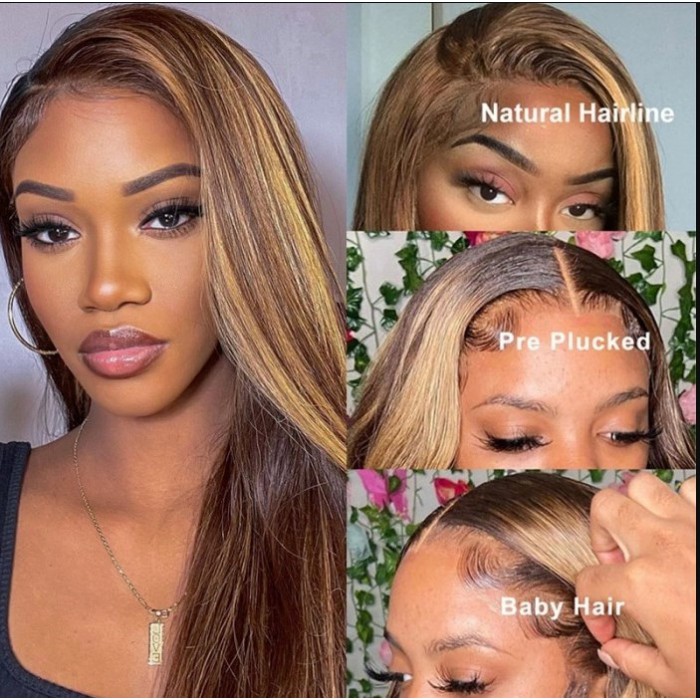 150% Density Honey Blonde Highlight 13x4 Transparent Swiss Lace Front Wig Combinated Color