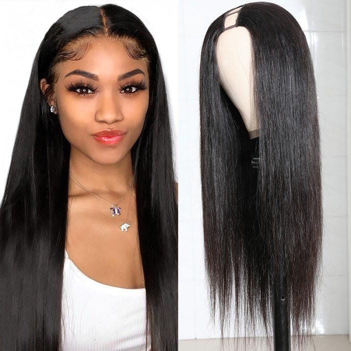 U Part Human Hair Wigs Brazilian Virgin Straight 150 Density Glueless Middle Part Wig Pre Plucked For Women Natural Color