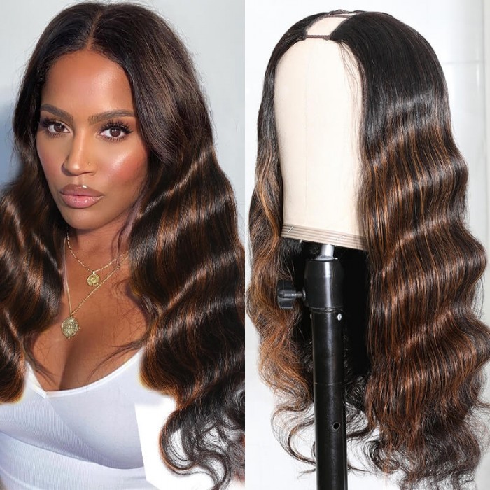 Friday Sale Mix Color Highlight Body Wave U Part 100% Virgin Hair Wig 150% Densty