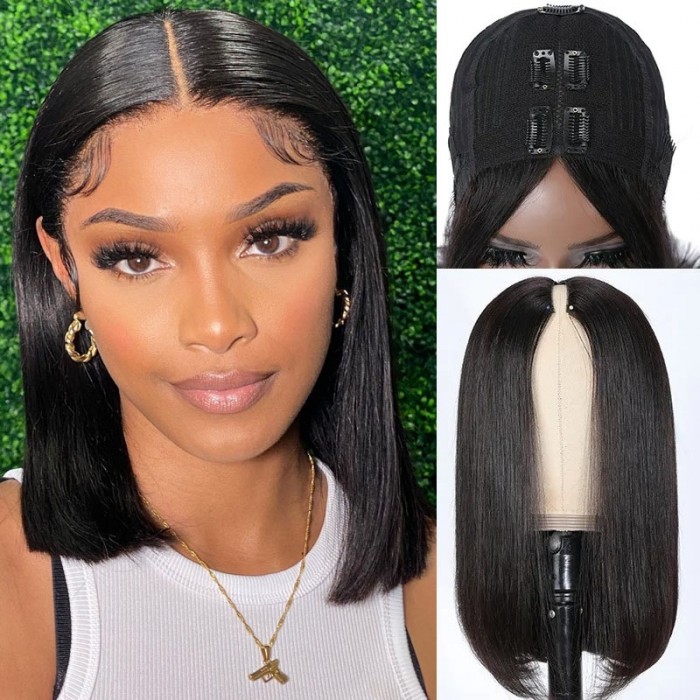 10 Inch Affordable Bob V Part Straight Natural Hairline Wigs