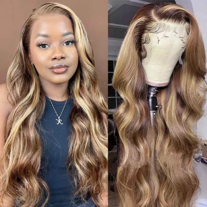 UNice Whatsapp Special Offer Honey Blonde Highlight Lace Front Wigs Human Hair Body Wave Colored Wigs Lace Part Wigs