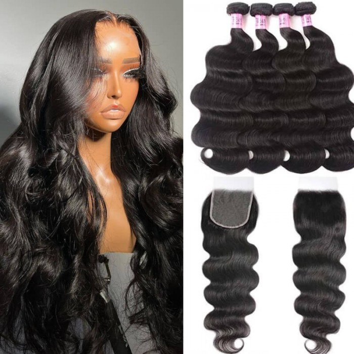 UNice Hair 5x5 HD Lace Closure With 4 Bundles Body Wave Human Hair Weaves Transparent Lace Natural