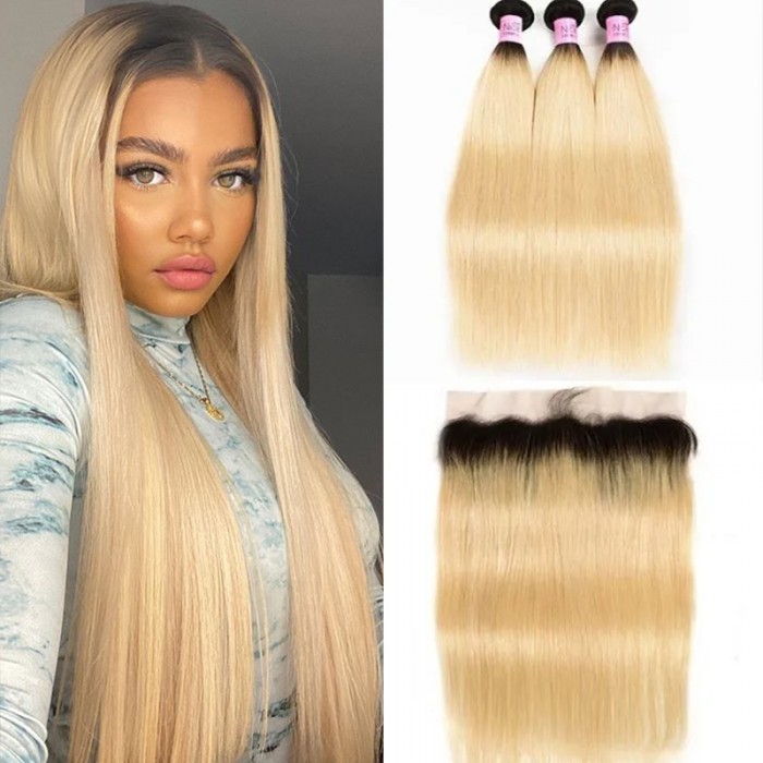 UNice 3 Bundles Ombre T1B/613 Blonde Straight Hair Bundles With 13x4 Ombre Lace Frontal