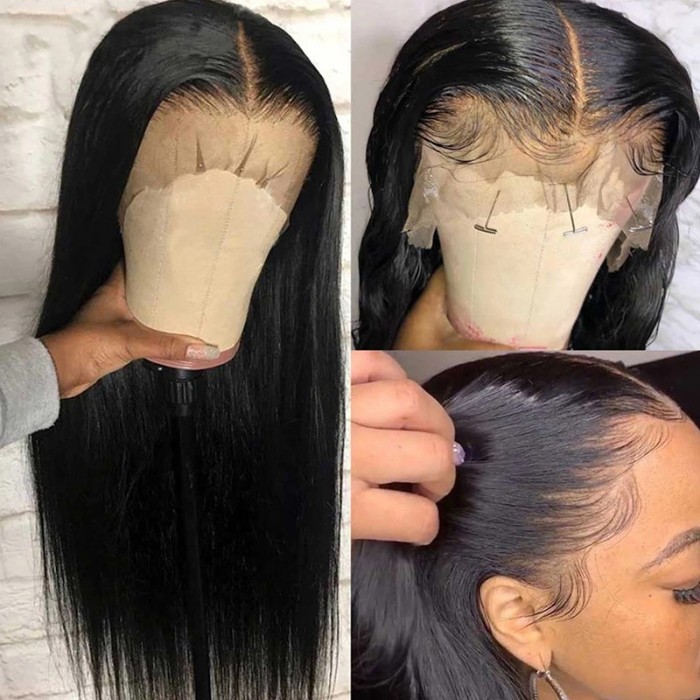 New Design Silky Straight 13 by 4 Swiss Lace Front Wig Preplucked with Natural Hairline 150% Density 100% Virgin Human Hair