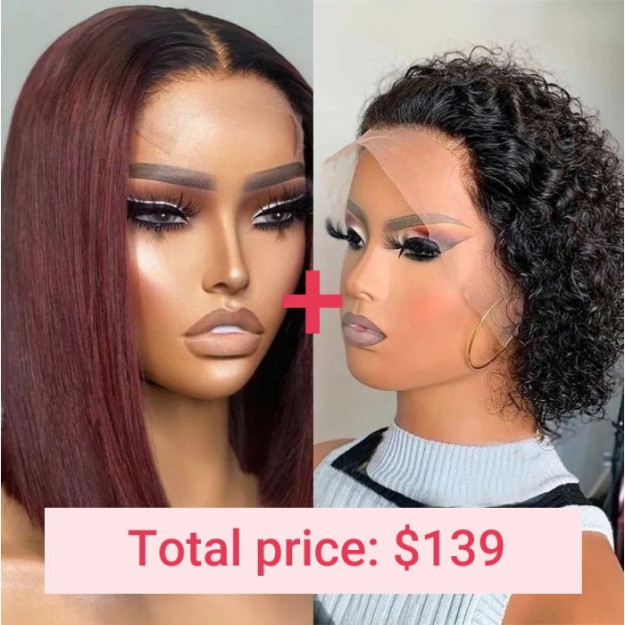 Unice Whatsapp 2 Wigs Flash Deal 10 Inch Ombre 99J Lace Closure Bob Wig +6 Inch Curly Pixie Cut Wig