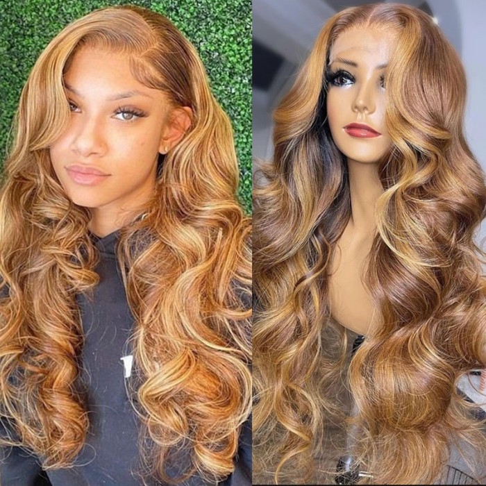 18 Inch  Honey Blonde Highlight Lace Front Wigs Body Wave