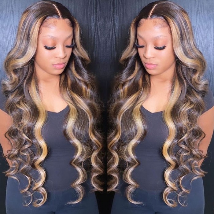 UNice Piano Highlight Honey Blonde With Dark Roots 13x4 Lace Front Straight Wig