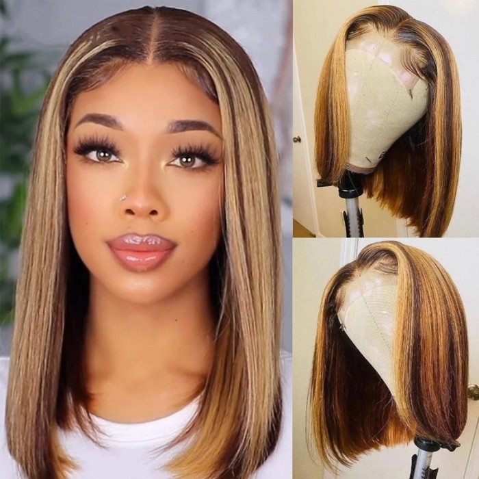13x4 Highlight Straight Bob Lace Front Virgin Hair Wigs Ombre Color Pre Plucked with Baby Hair Lace Frontal Wigs