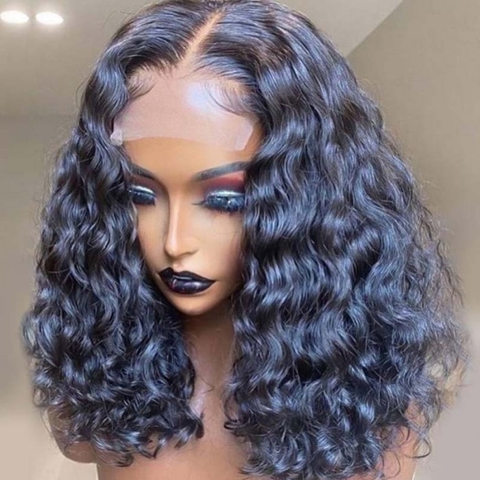 12 Inch Water Wave Short Bobo 4x4 Lace Closure Wig With Undetectable Realistic Hairline