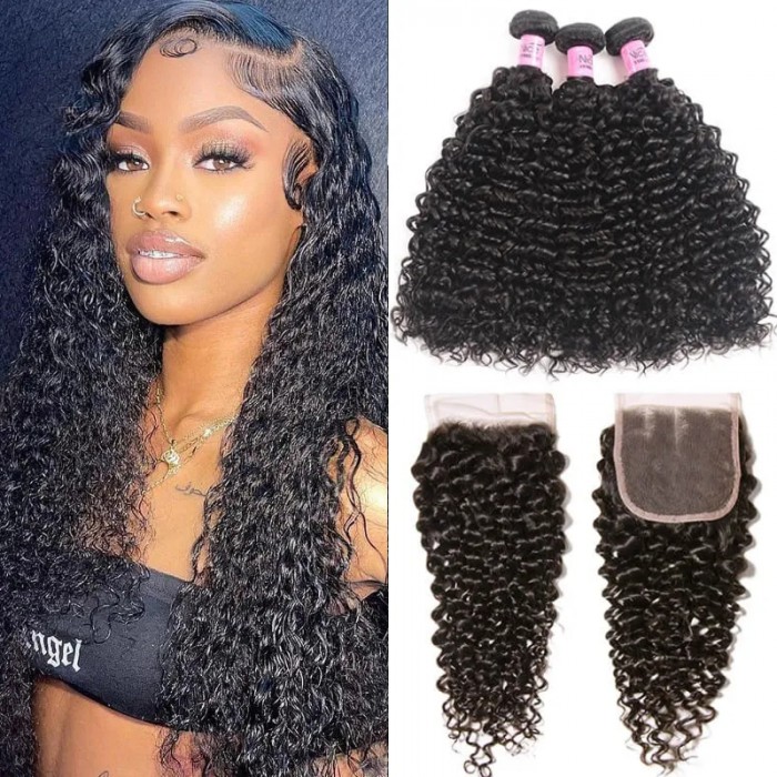 UNice Hair 3 Bundles Brazilian Jerry Curly Hair Weave With Closure