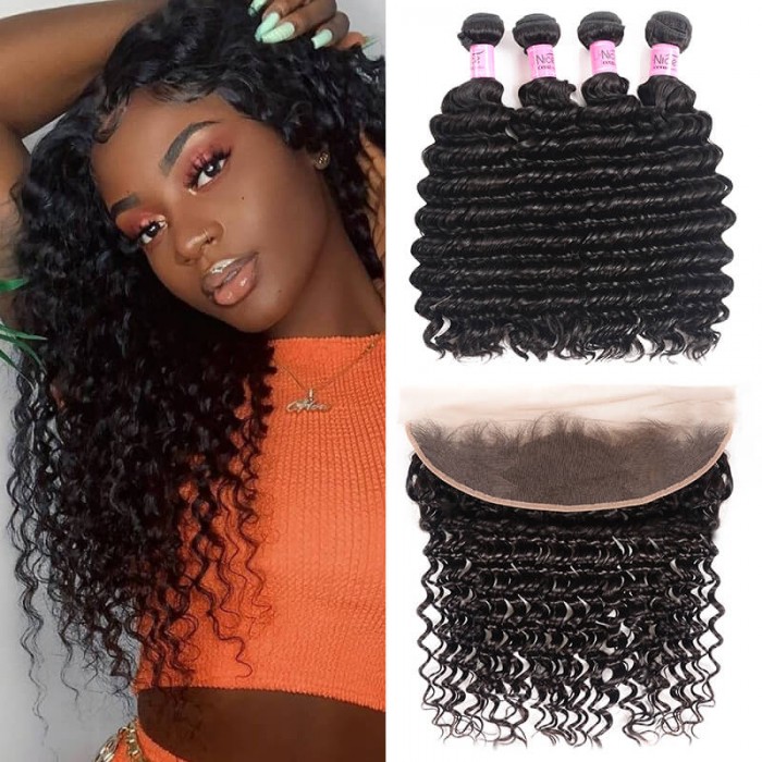 4pcs Human Deep Wave With Frontal Hair Lace Closure