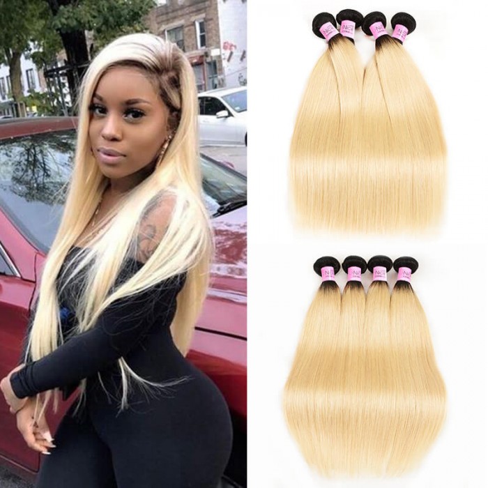 UNice Hair 1B/613 Honey Blonde Straight Virgin Human Hair 4 Bundles Ombre 