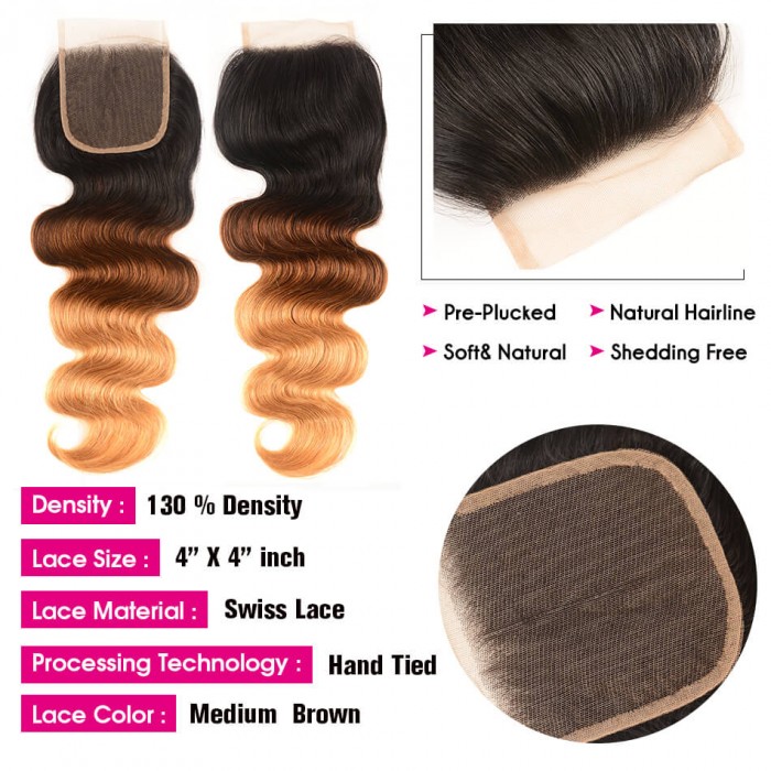 UNice Free Part 4x4 Lace Closure 1PC T1B/4/27 Ombre Body Weave Hair ...