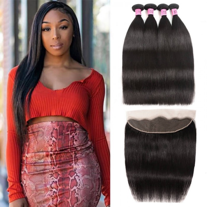 UNice Hair Straight Virgin Human Hair 4 Bundles With 13x4 Lace Frontal