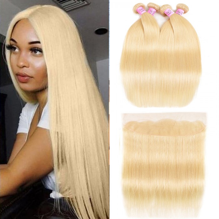 UNice Hair 613 Blonde 4PCS Straight Hair Bundles With 13x4 Inches Lace Frontal
