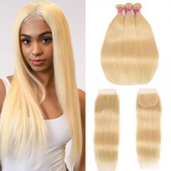 UNice 4PCS 613 Blonde Straight Virgin Hair Weave With 4x4 Closure