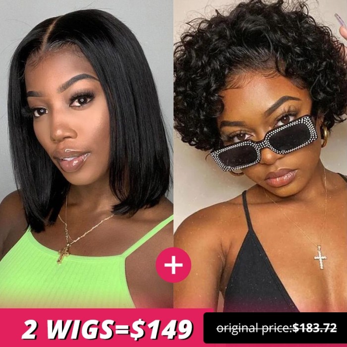 10 Inch Closure Blunt Cut Bob and 10 Inch Bouncy Curl Pixie Cut with Bangs