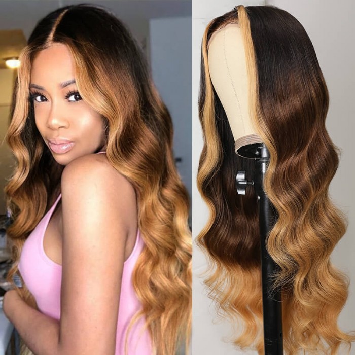 Ombre Highlight Body Wave Hair Sugar Baby Face Framing Blonde Middle Part Lace Wig