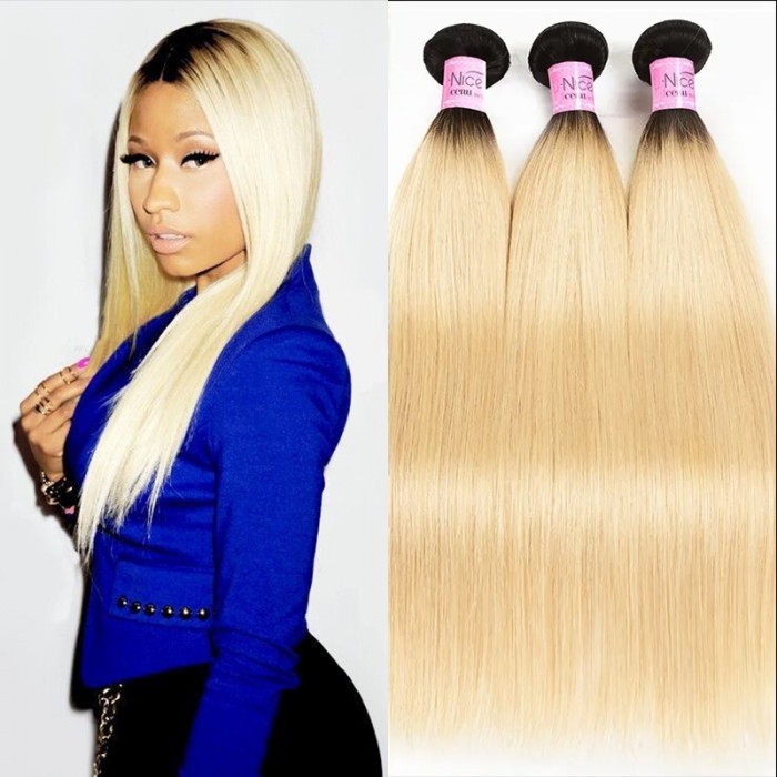 UNice Straight Hair 3 Bundles T1b/613 Color Ombre Hair 100% Virgin Human Hair Weaves
