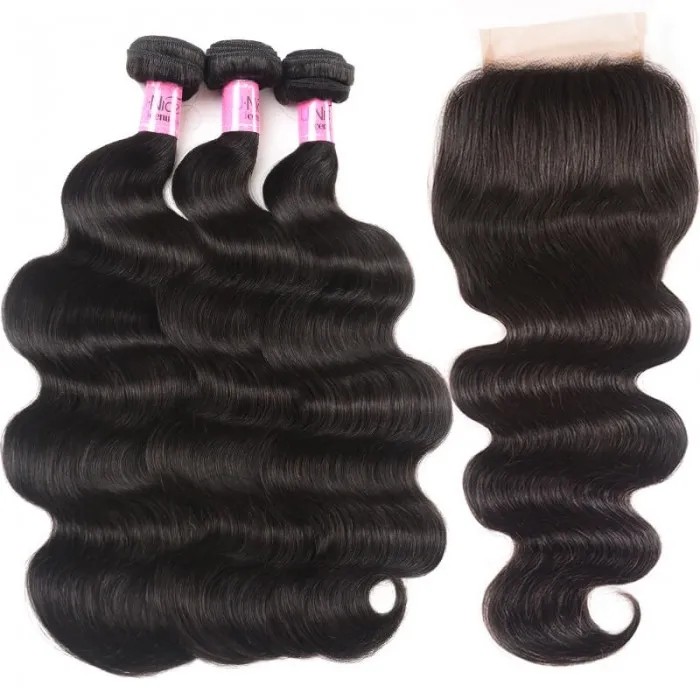3Pcs 100% Virgin Hair With 4x4 Swiss Lace Closure 315-335g/lot Free Part