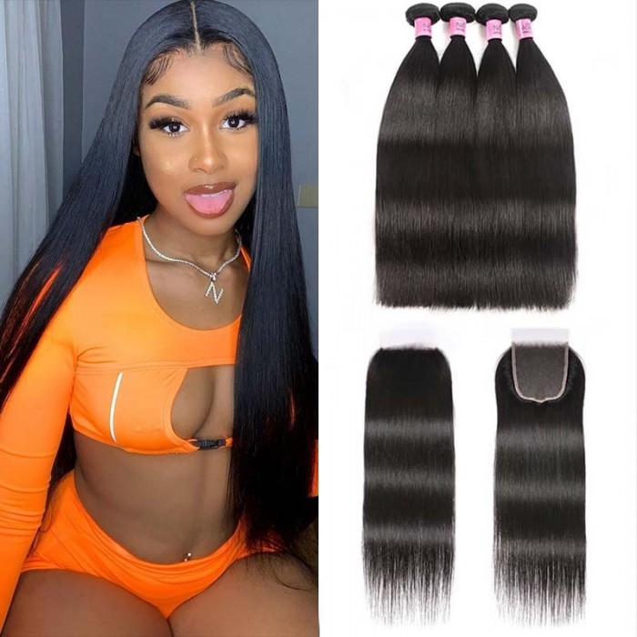 5X5 HD Lace Closure With 4 Bundles Straight Hair 100% Transparent Lace Closure Invisible Knots