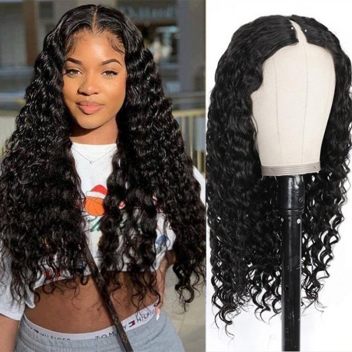 UNice Dry Straight & Wet Deep Wave 2 in 1 V Part Wigs Wet And Wavy Hair Natural Black Color
