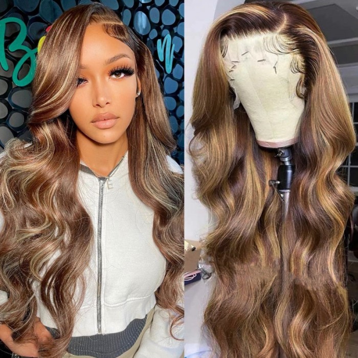 Honey Blonde Highlight Lace Front Wigs Human Hair Body Wave Colored Wigs Lace Part Wigs