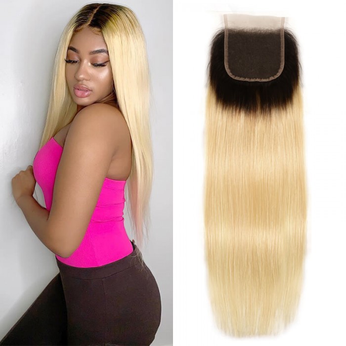 1B/613 Blonde Ombre Human Hair Free Part 4*4 Lace Closures 