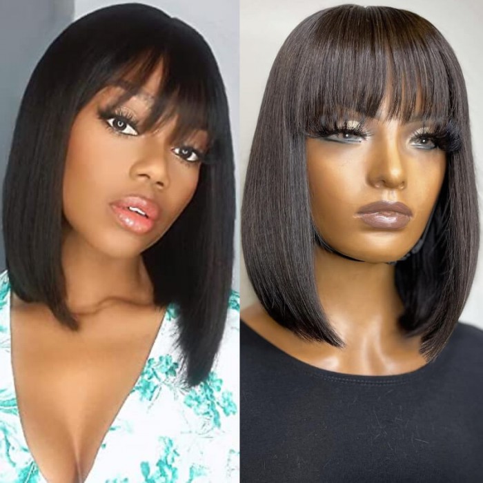Short Bob Wigs Black Wig for Women with Bangs Free Part Machine Made S