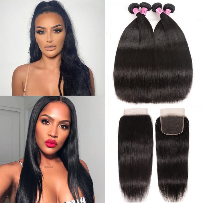 Unice 4pcs Brazilian Straight Virgin Hair With Lace Closure 