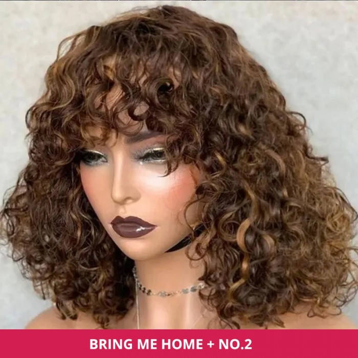 Flash Sale 12 Inch UNice Highlight Brown Deep Wave Wig with Bangs