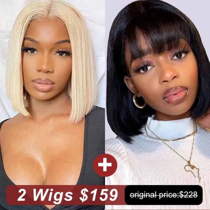 10 Inch 613 Blonde Short 13x4 Lace Front Human Hair Bob Wig and 10 Inch Short Bob Wigs Black Wig for Women with Bangs Machine Made 150% density