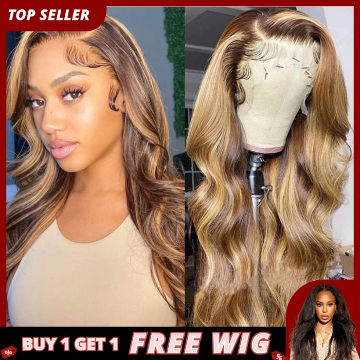 UNice Honey Blonde Highlight Lace Front Wigs Human Hair Body Wave Colored Wigs Lace Part Wigs