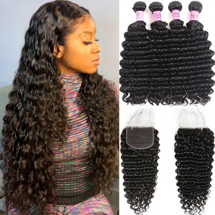 Unice Deep Wave 4 Bundles with 5x5 Free Part HD Lace Closure Natural Black With Baby Hair