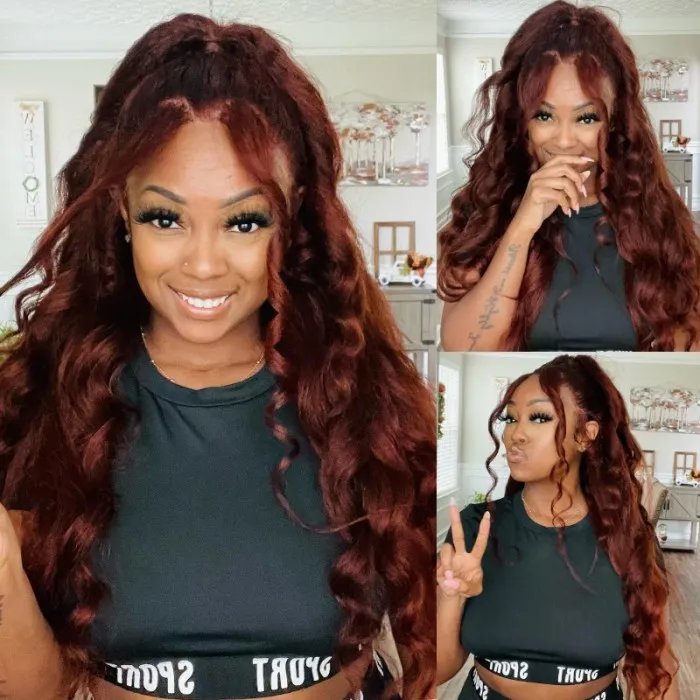 UNice Reddish Brown Kinky Straight Human Hair Lace Front Wig Spring Color Copper Red 