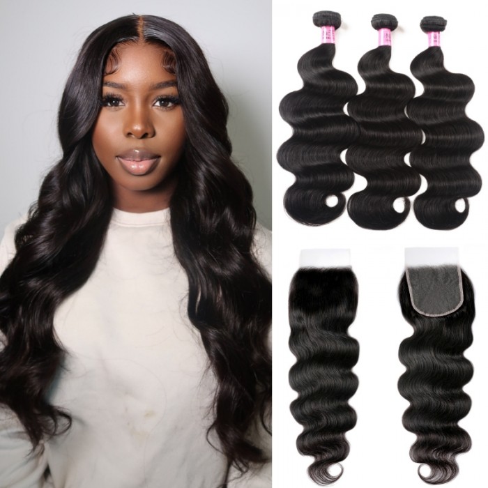 UNice Hair Peruvian Body Wave HD Lace Closure With 3pcs Human Hair Weave