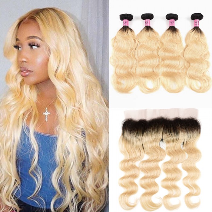 UNice 4 Bundles T1b/613 Ombre Body Wave Blonde Hair With 13x4 Lace Frontal Closure