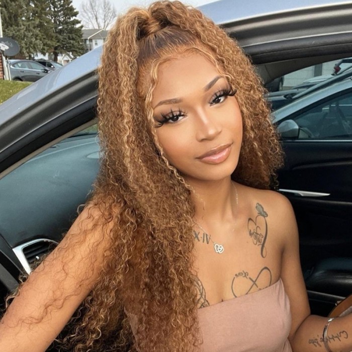 Tiktok Super Sale Bigekane Ombre Honey Blonde Highlight 13x4 Lace Front Curly Human Hair Wigs