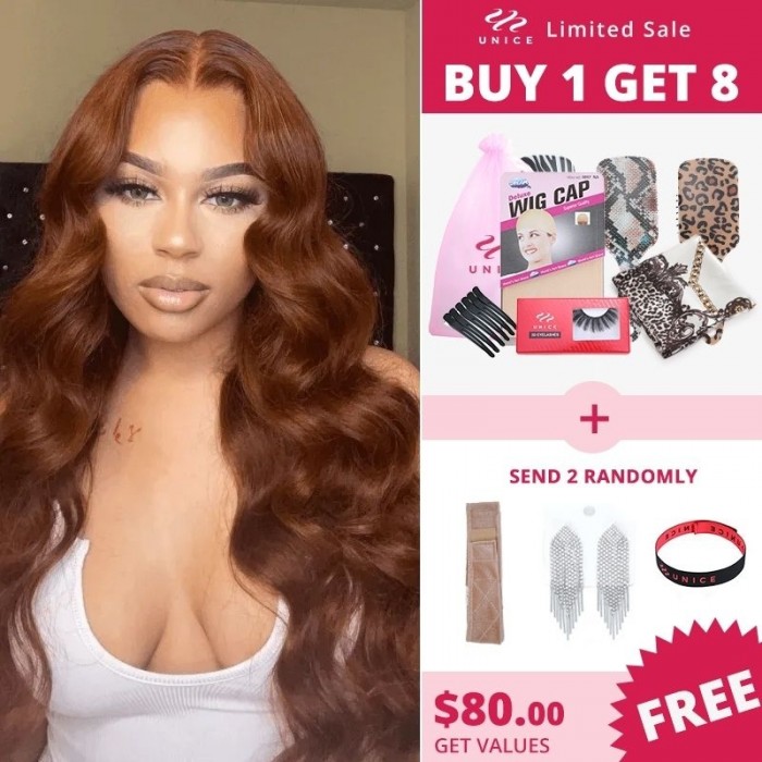 UNice Influencer Collection Reddish Brown Body Wave Human Hair Lace Front Wig Spring Perfect Copper Red Color For All Skins