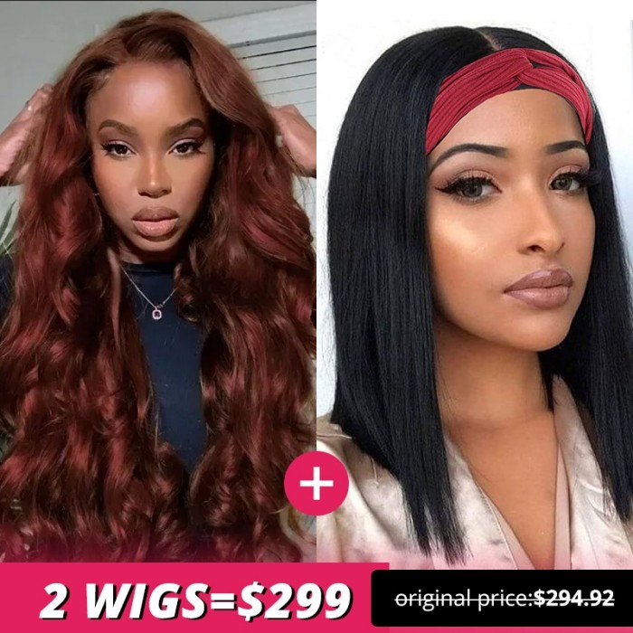 18 Inch Reddish Brown Body Wave Lace Front Wig and 10 Inch Headband Wig Short Bob‎ 150% density
