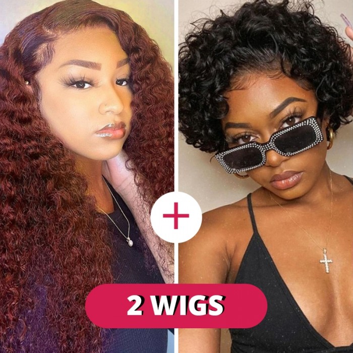Bonus Buy 10'' Two Glueless Bouncy Curl Short Pixie Cut With Bangs Auburn Brown Color Wear and Go Virgin Hair Wig