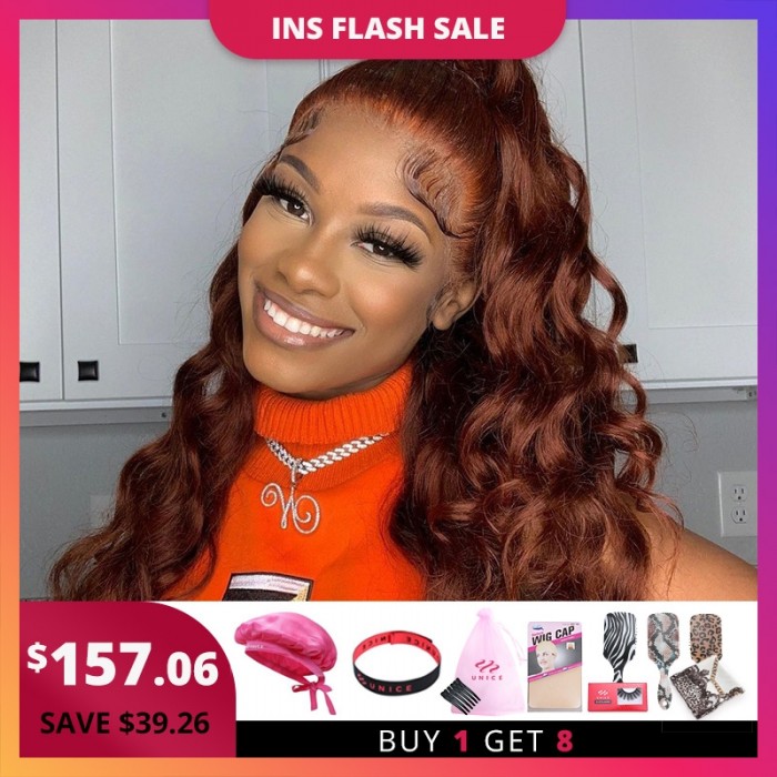 UNice Reddish Brown Body Wave Human Hair Lace Front Wig Spring Color Copper Red 