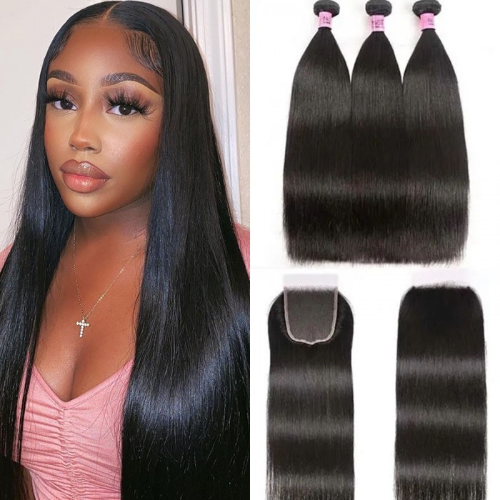Unice Hair 5x5 HD Lace Closure with 3 Bundles Deep Parting Straight Human Hair Weaves With Transparent Lace Closure
