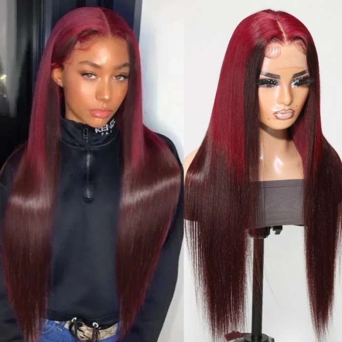UNice 13x4 Lace Front Burgundy Reverse Ombre Cherry Red Straight Wig
