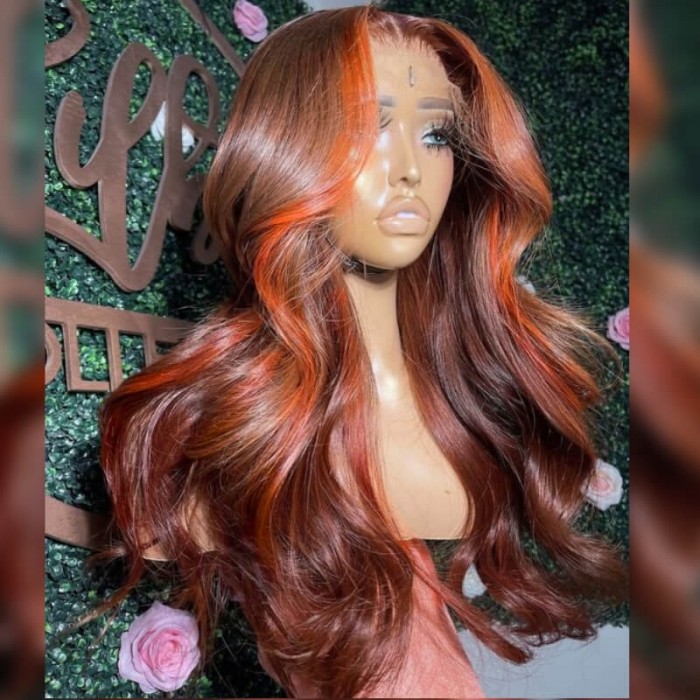UNice 13x4 Lace Front Reddish Brown Wig With Dirty Orange Highlights Body Wave