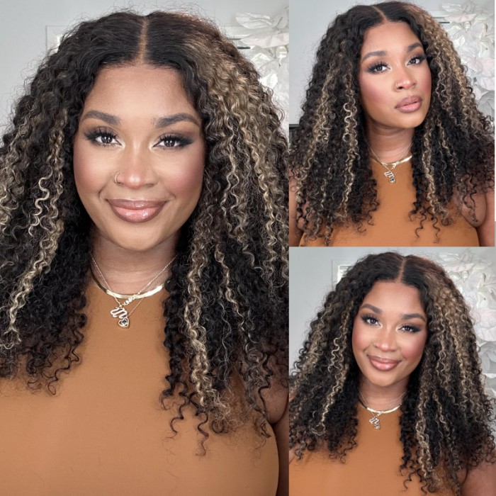 UNice 13x4 Lace Front Black Curly Wig With Blonde Piano Highlights