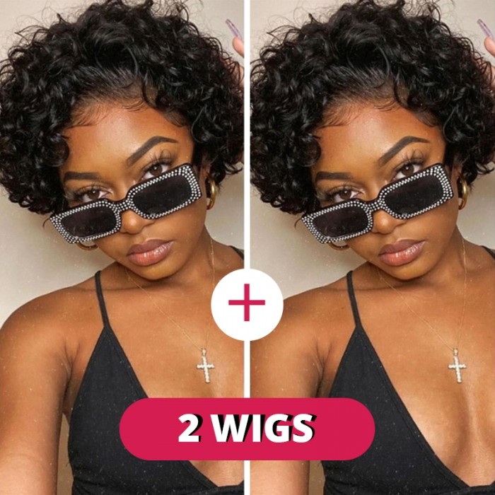 Bonus Buy 10'' Two Glueless Bouncy Curl Short Pixie Cut With Bangs Wear and Go Virgin Hair Wigs(2 pieces)